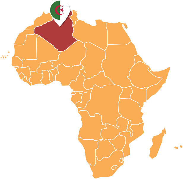 Algeria map in Africa, Icons showing Algeria location and flags.